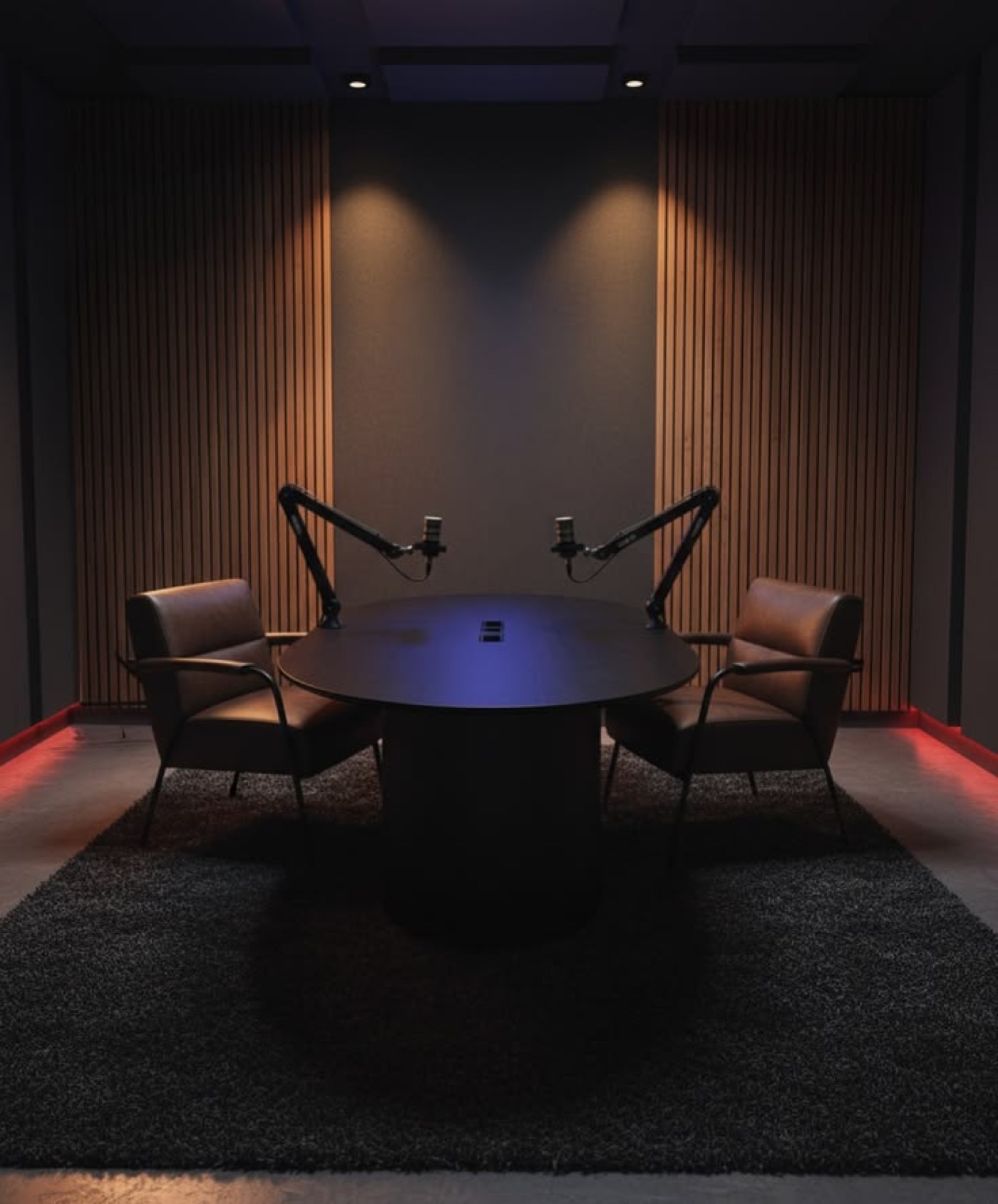 Podcast studio with two chairs and microphones